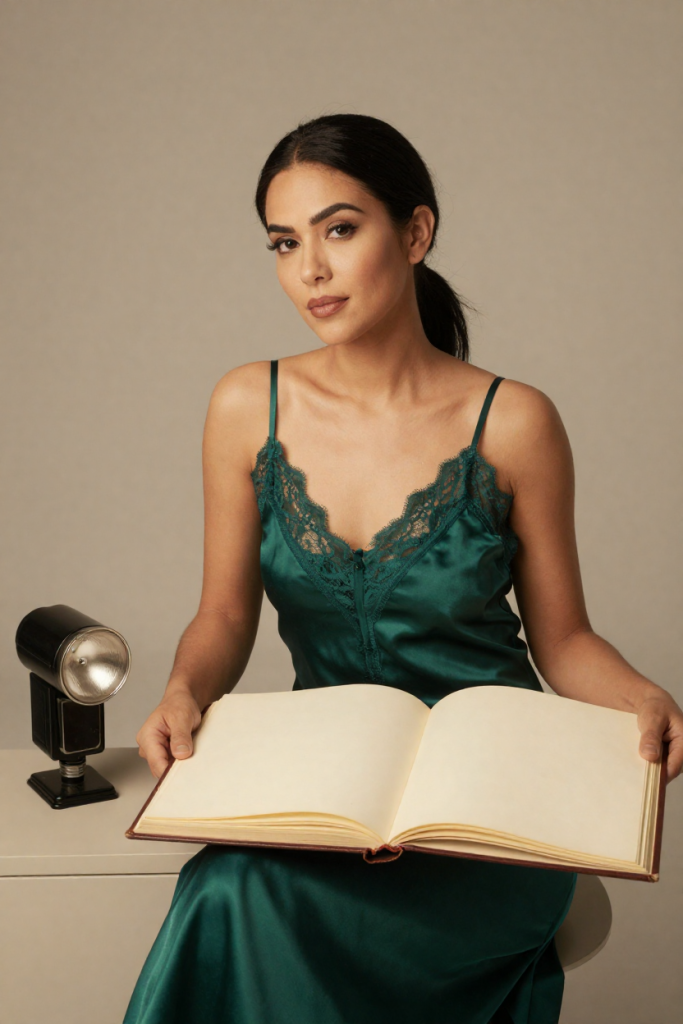 BioFlash muse in an emerald lace-trim satin slip dress holding the open blank-page album beside the vintage flash